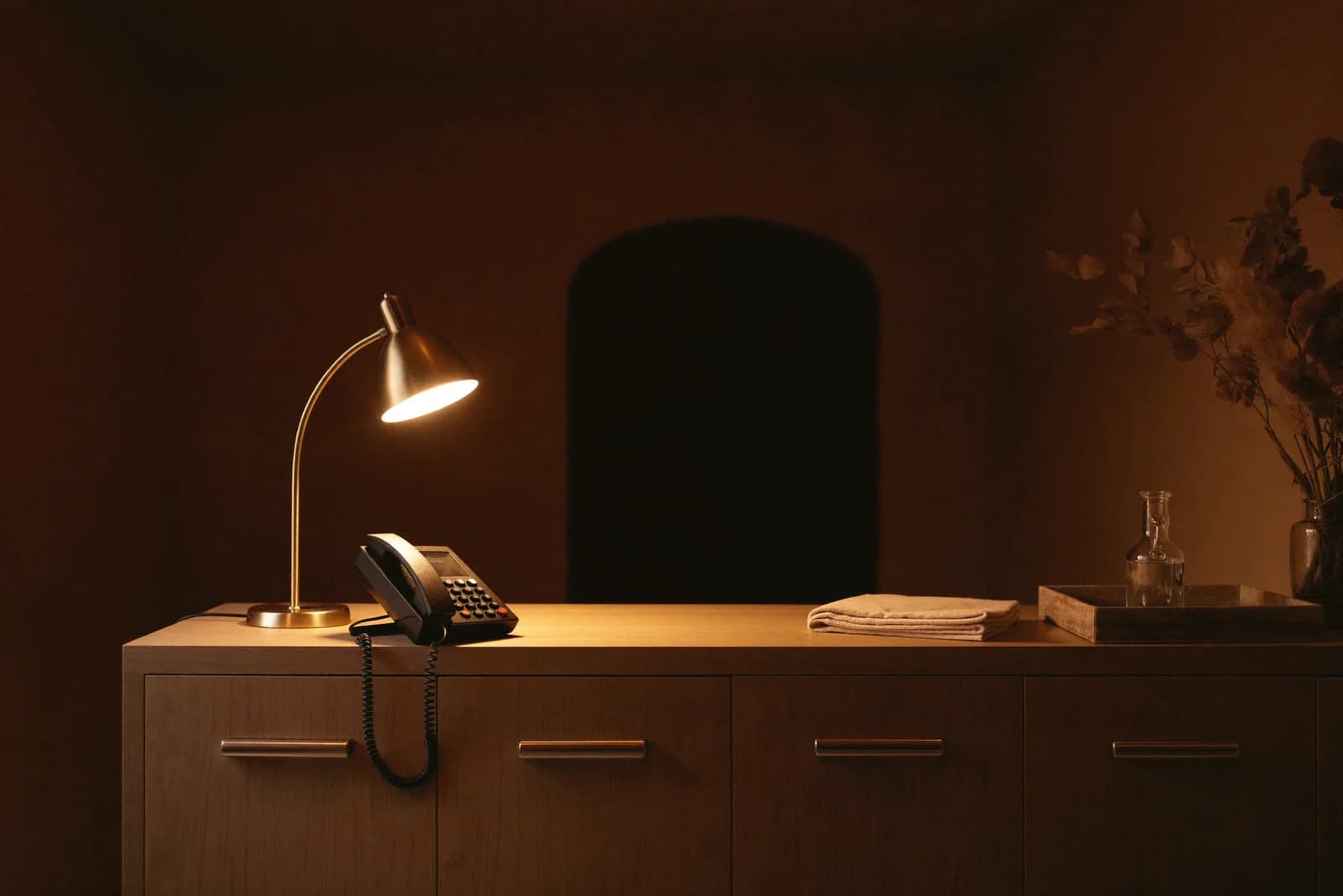 An empty med spa front desk at dusk, the phone under a single warm lamp